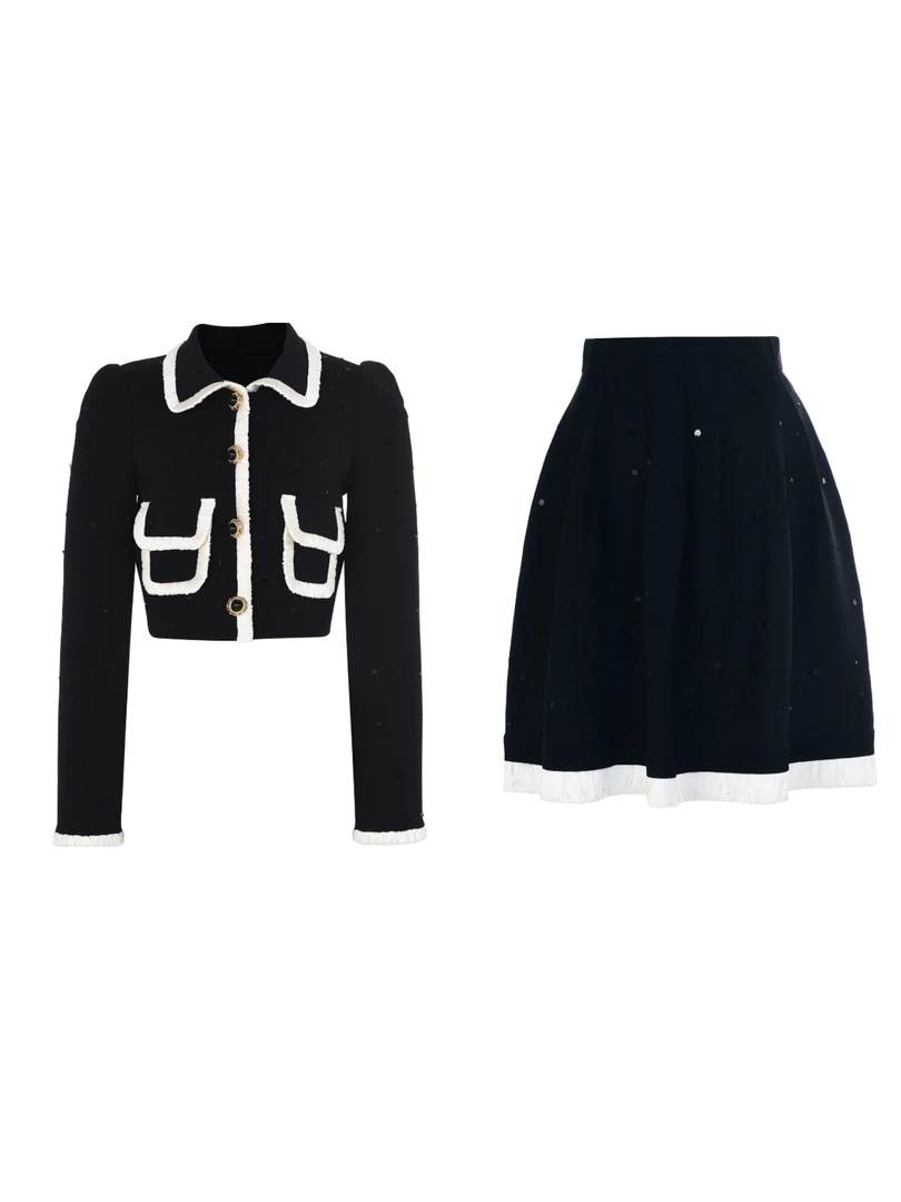 YOYO高定（暗夜星芒）秋季时尚黑白撞色翻领针织开衫长半裙套装裙