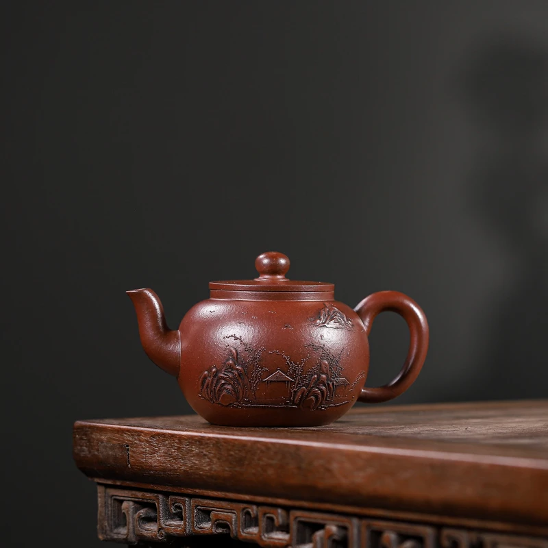 宜兴紫砂山水泥绘底槽清平盖水平壶纯手工四方壶笑樱壶小莲子壶