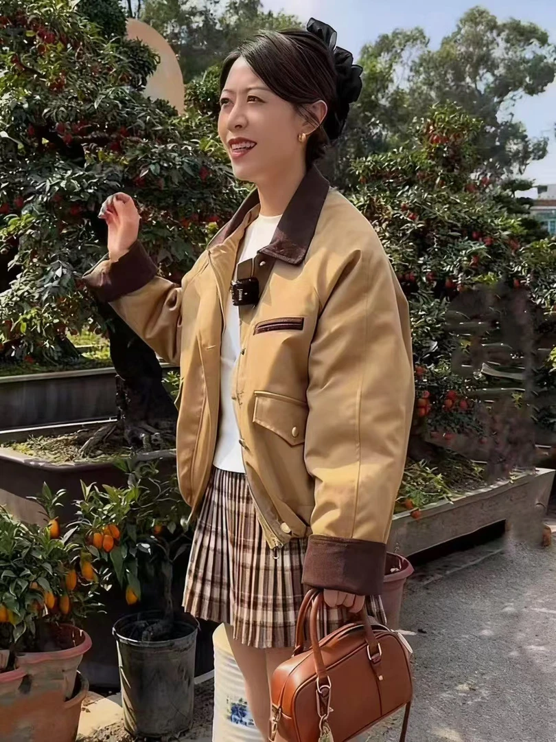 POLO领短外套翻领女夹克宽松型薄棉衣