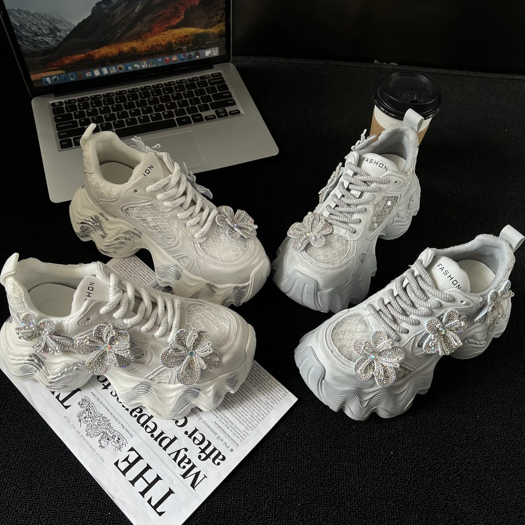 欧货水钻蝴蝶结厚底老爹鞋2025春夏新款网面透气增高