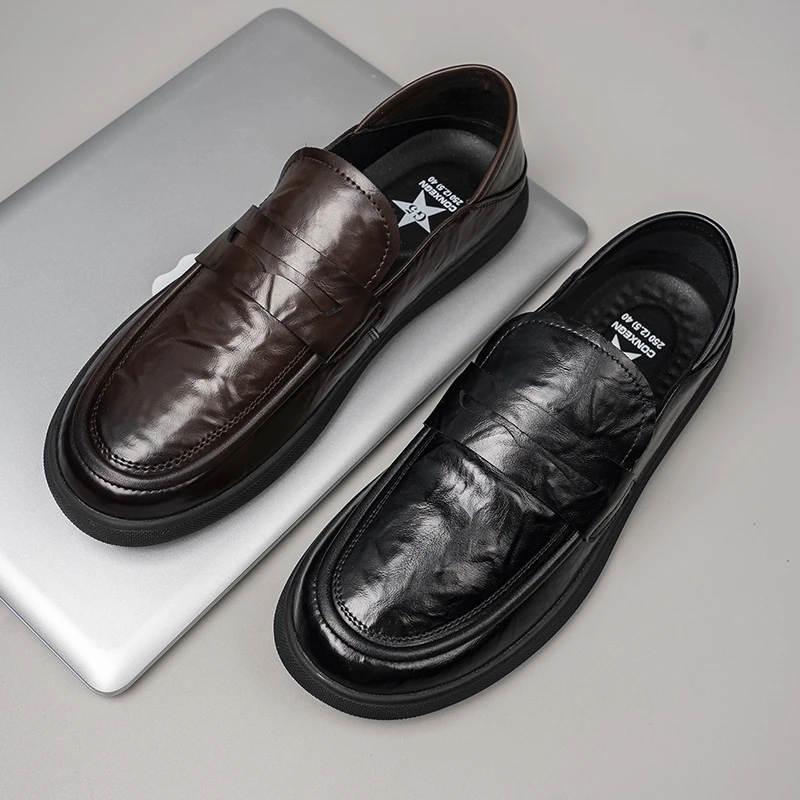 L爆款透气牛皮商务休闲皮鞋男真皮英伦软皮平底一脚蹬乐福鞋25059