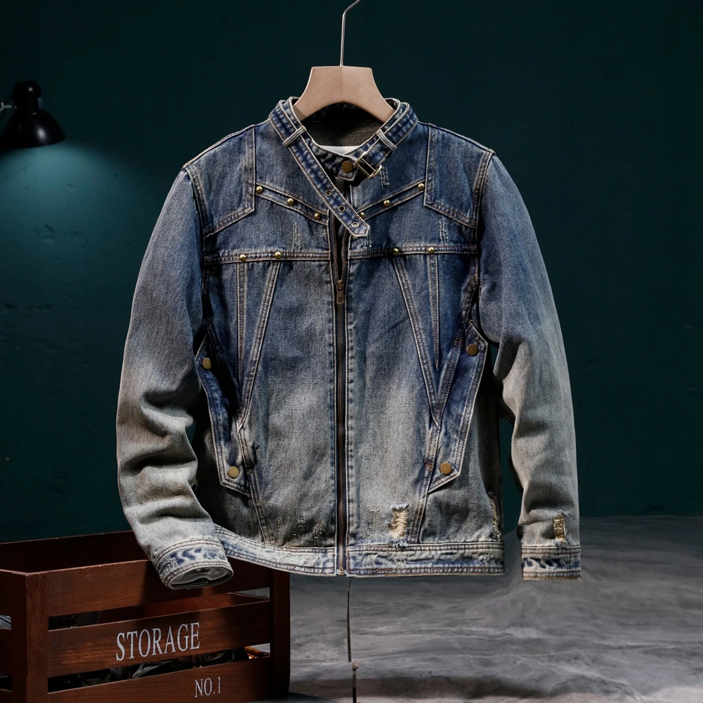 【SLS男装】2025春秋渐变美式牛仔外套宽松夹克男装水洗牛仔衣JK712