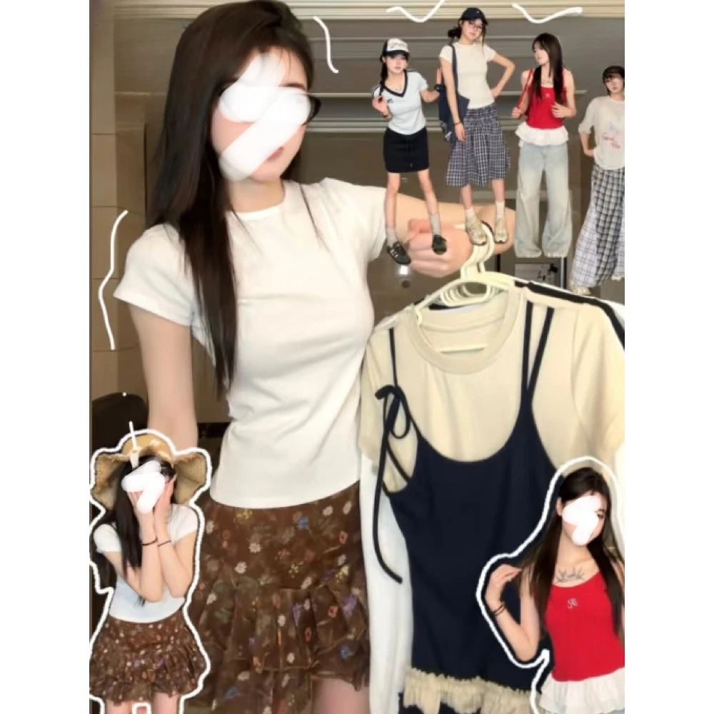 【7suki短袖合集】夏季韩系风显瘦重工纯欲辣妹百搭正肩修身上衣T恤