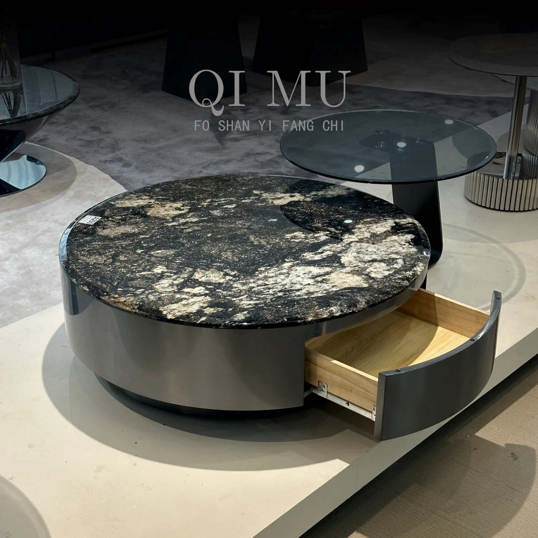【单抽茶几】意式天然奢石茶几高级感圆形茶几客厅家用储物茶几组合