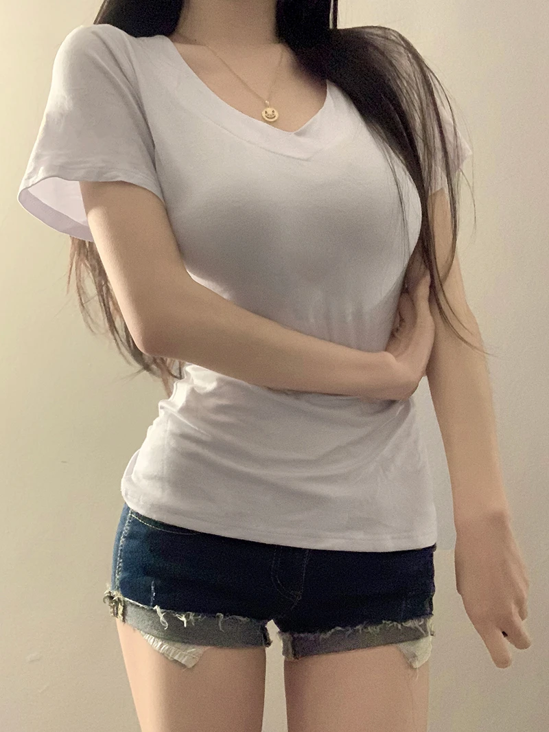 设计感纯色正肩V领短袖t恤女2025年春夏新款辣妹收腰修身打底上衣