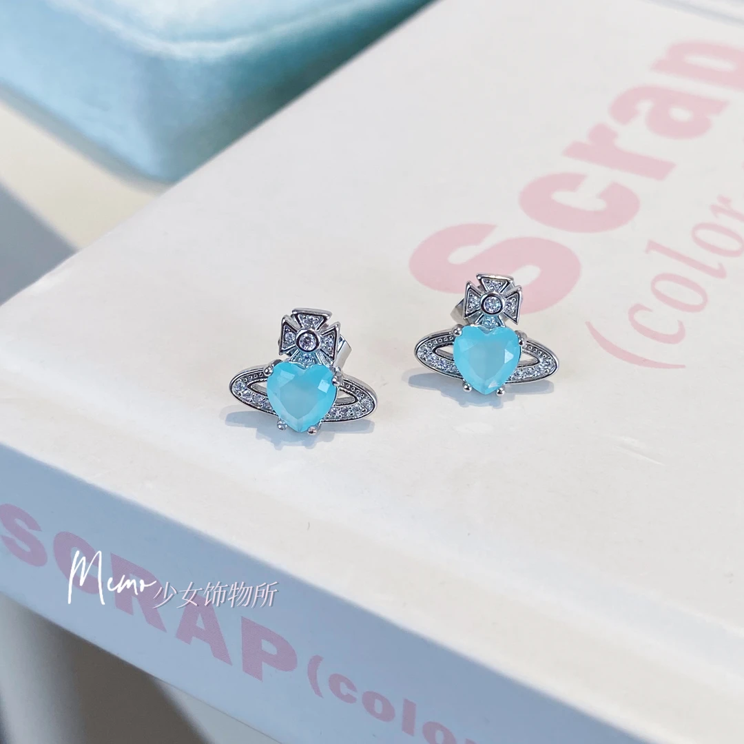 铜合金合成锆石耳饰 E084 蓝色梦境 土星锆石设计感耳钉