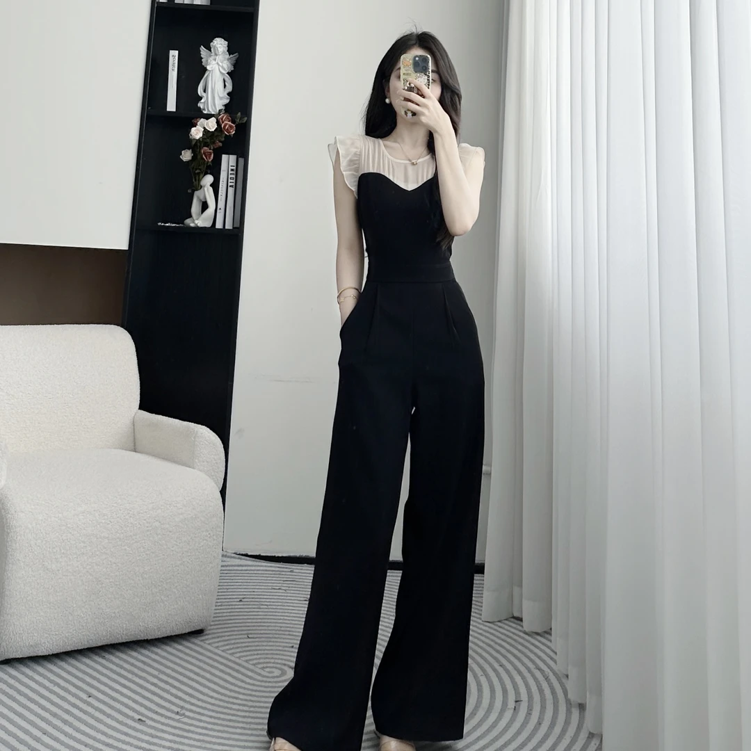 拉夏贝尔25夏法式气质洋气显瘦高级撞色拼接高腰连体裤 10399 XJD