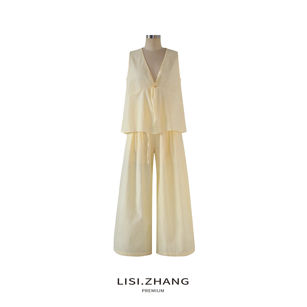 LISI.ZHANG--【棉麻套装】宽松V领背心阔腿直筒长裤时尚套装
