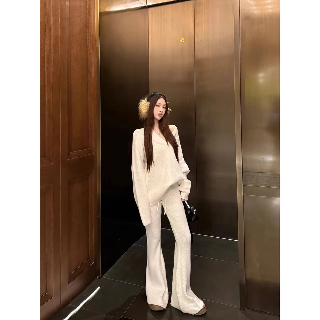 2025早春新款时尚针织套装女气质宽松温柔慵懒风百搭上衣阔腿长裤