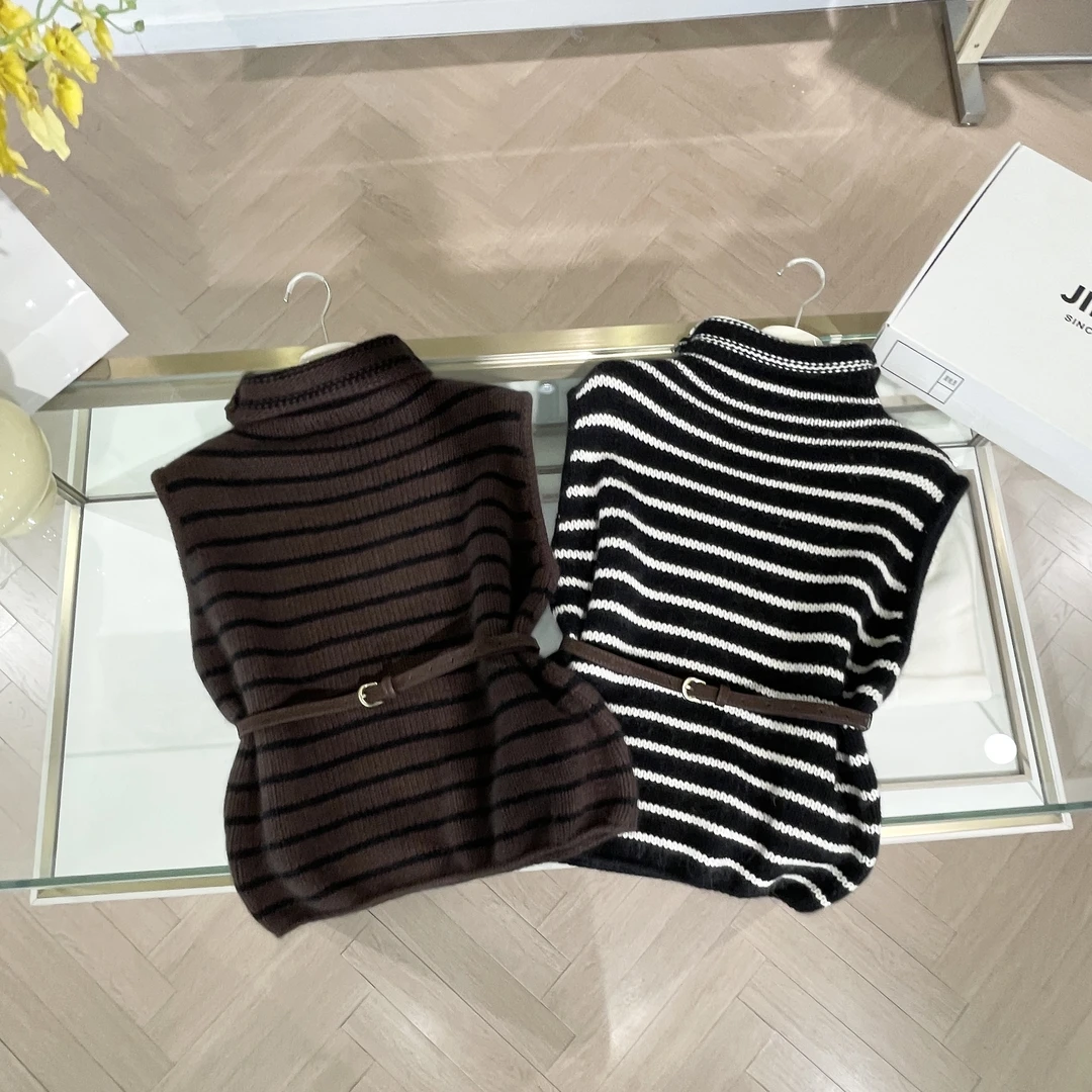 JILLYI【琥珀幽香】两色条纹半高领腰间系带INS风时尚针织衫