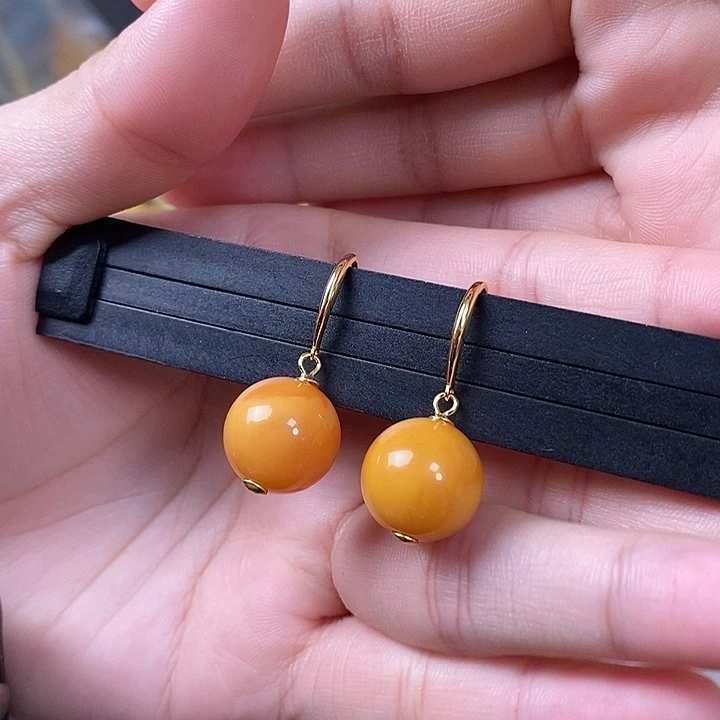 裸石琥珀银S925镶嵌耳环