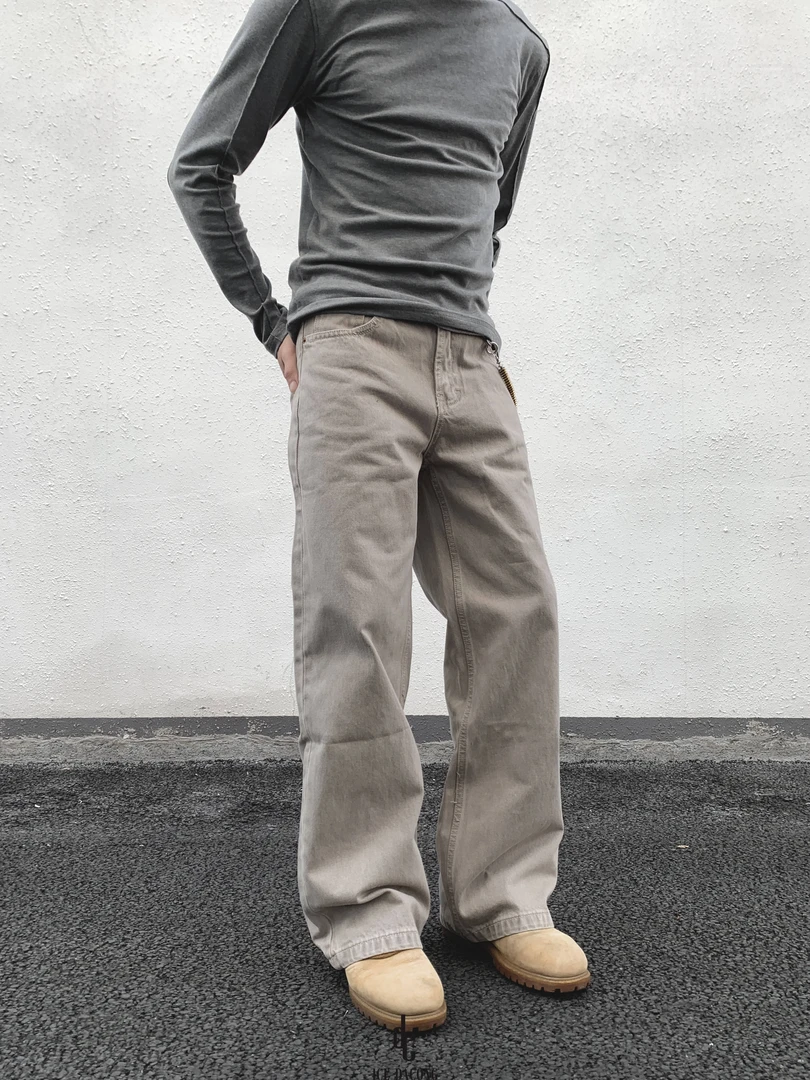 大葱美式复古燕麦色直筒A字牛仔裤男cleanfit垂坠感百搭宽松长裤