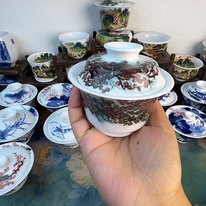 忠意堂釉下彩雪梅盖碗微瑕不退