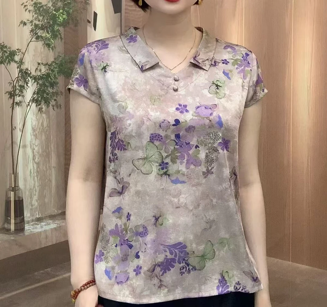 夏季新款碎花短袖娃娃领宽松遮肉短袖上衣