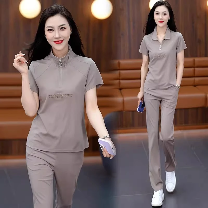 2025夏季时尚休闲显瘦薄款跑步运动服套装女气质短袖直筒裤两件套