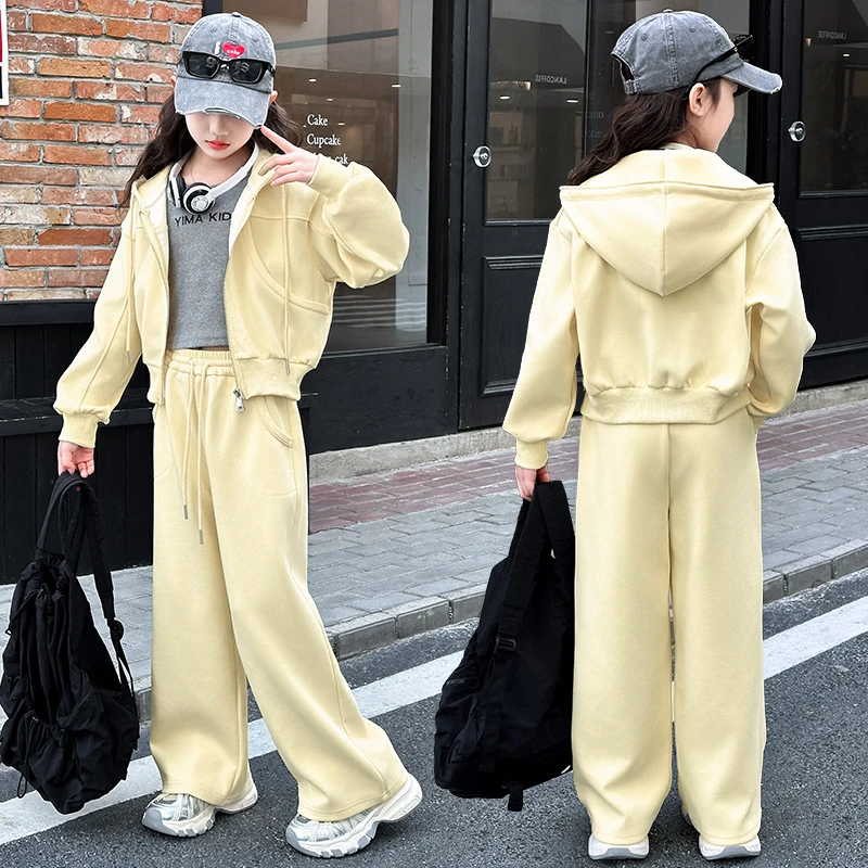 女童运动套装2025新款春装女大童修身洋气连帽外套春秋休闲两件套