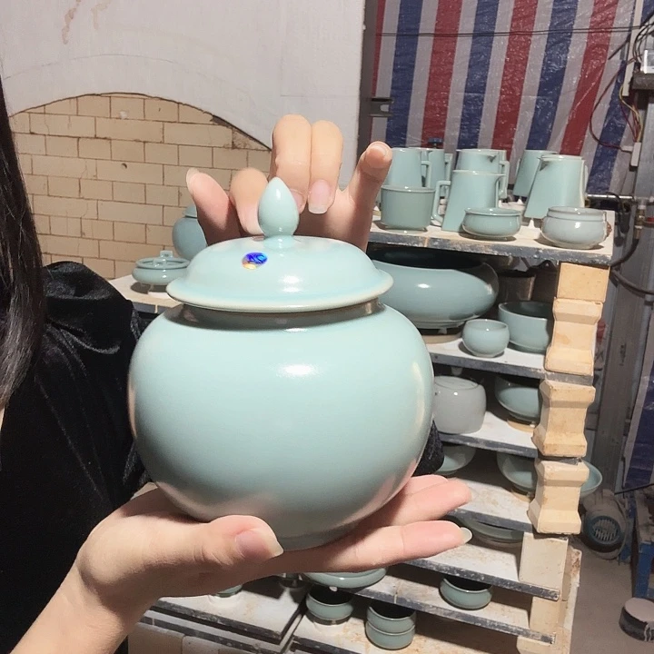 ****小摆件汝瓷茶叶罐支钉烧仿古釉微瑕24