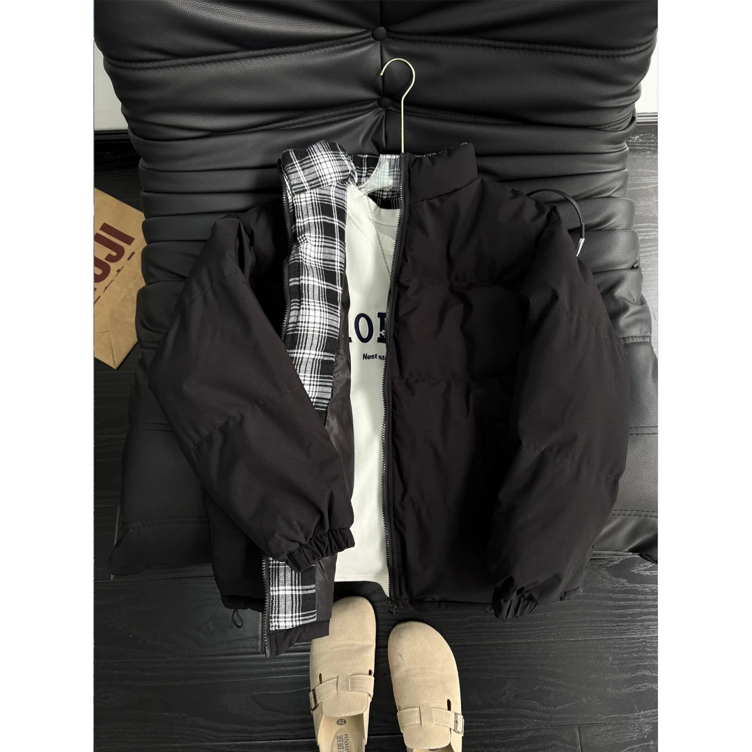 fitcheck美式格子拼接棉服男款冬季加棉加厚夹克棉衣立领情侣外套