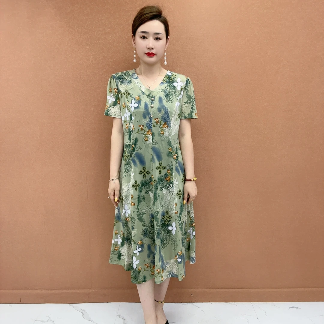 2025妈妈装夏季修身短袖连衣裙碎花高弹力中老年洋气大码女士裙子