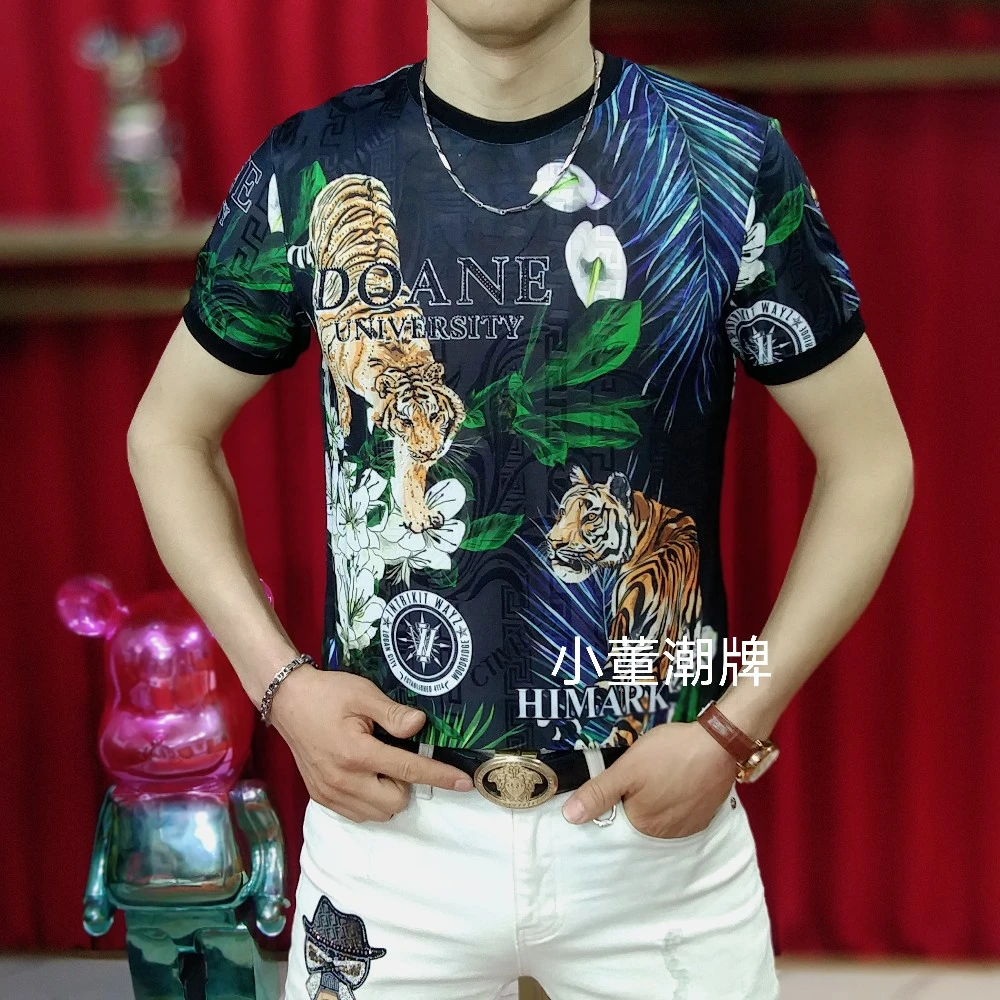 新款男士夏季时尚休闲老虎印花短袖烫钻修身帅气冰丝圆领T恤半袖