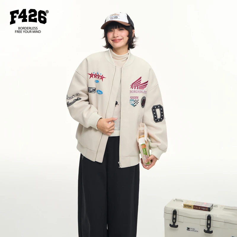F426潮牌美式徽章刺绣毛呢夹棉外套冬季新款情侣休闲潮流棉服7650
