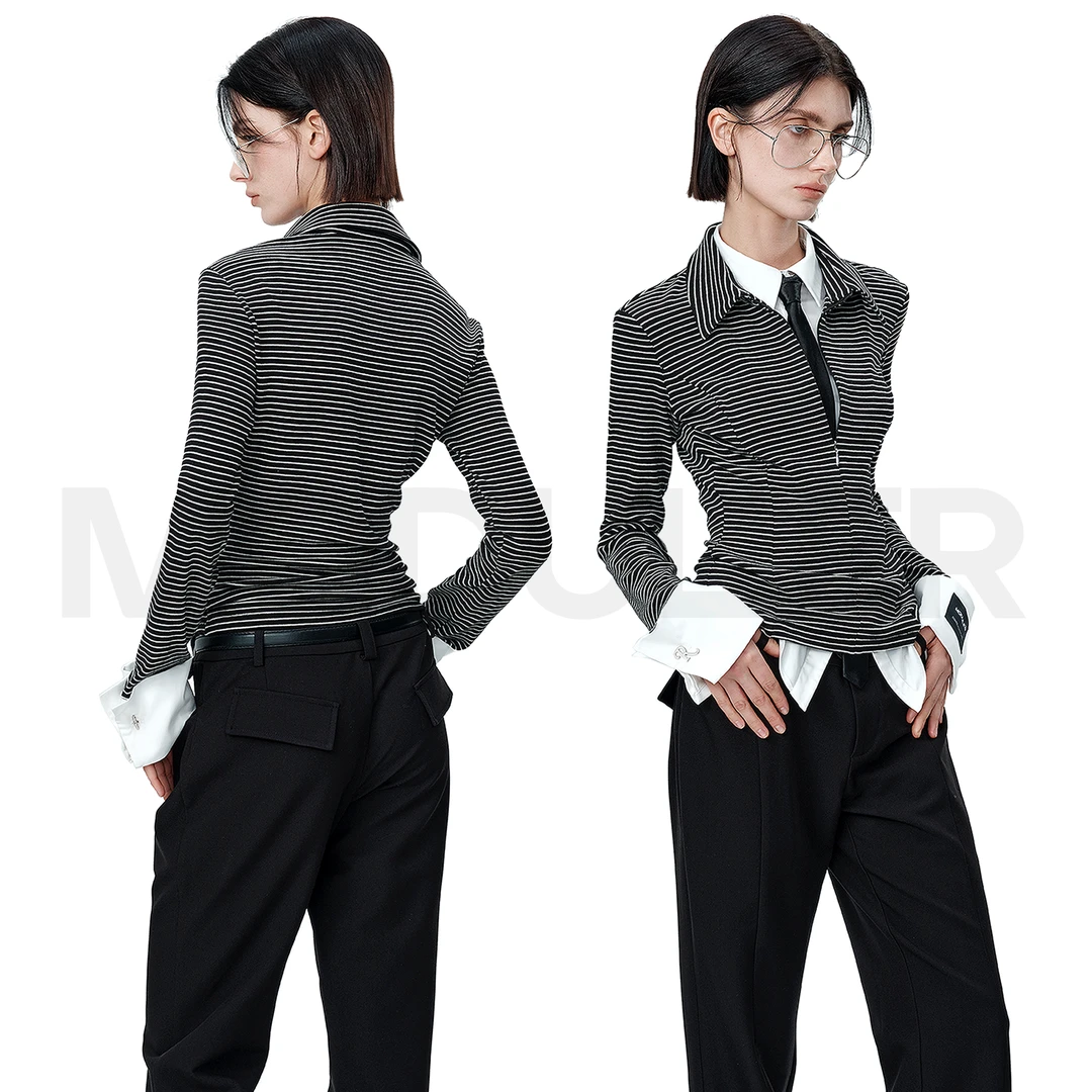 MODULER原创 新款条纹假两件衬衫拼接翻袖设计感条纹亨利衫