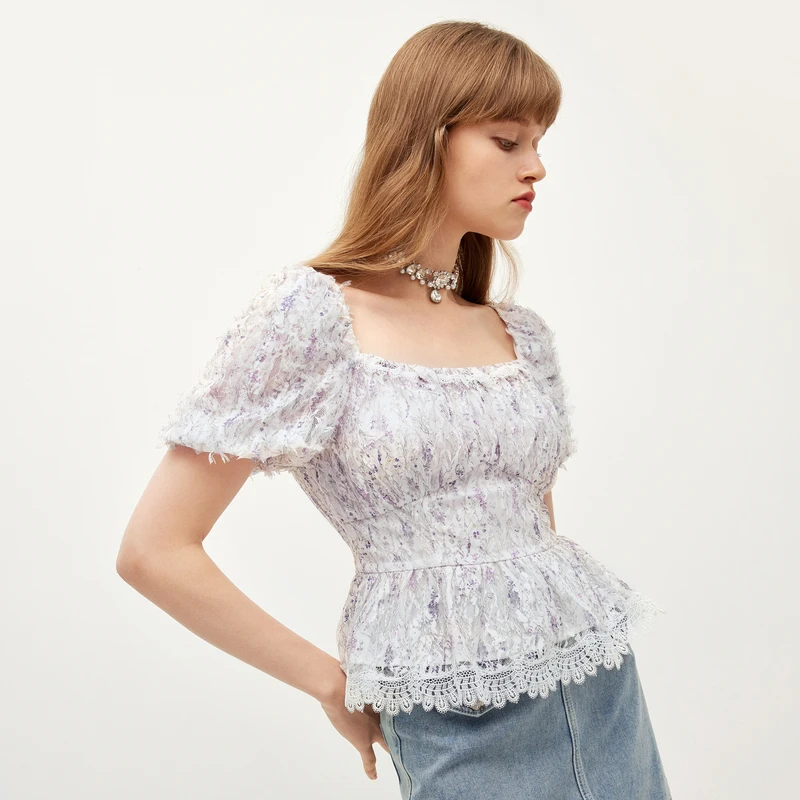 missCOCOON减龄夏女短袖蕾丝衫7580