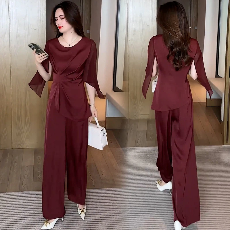 【丽】2025夏季新款气质修身显瘦蝙蝠袖上衣阔腿裤两件套
