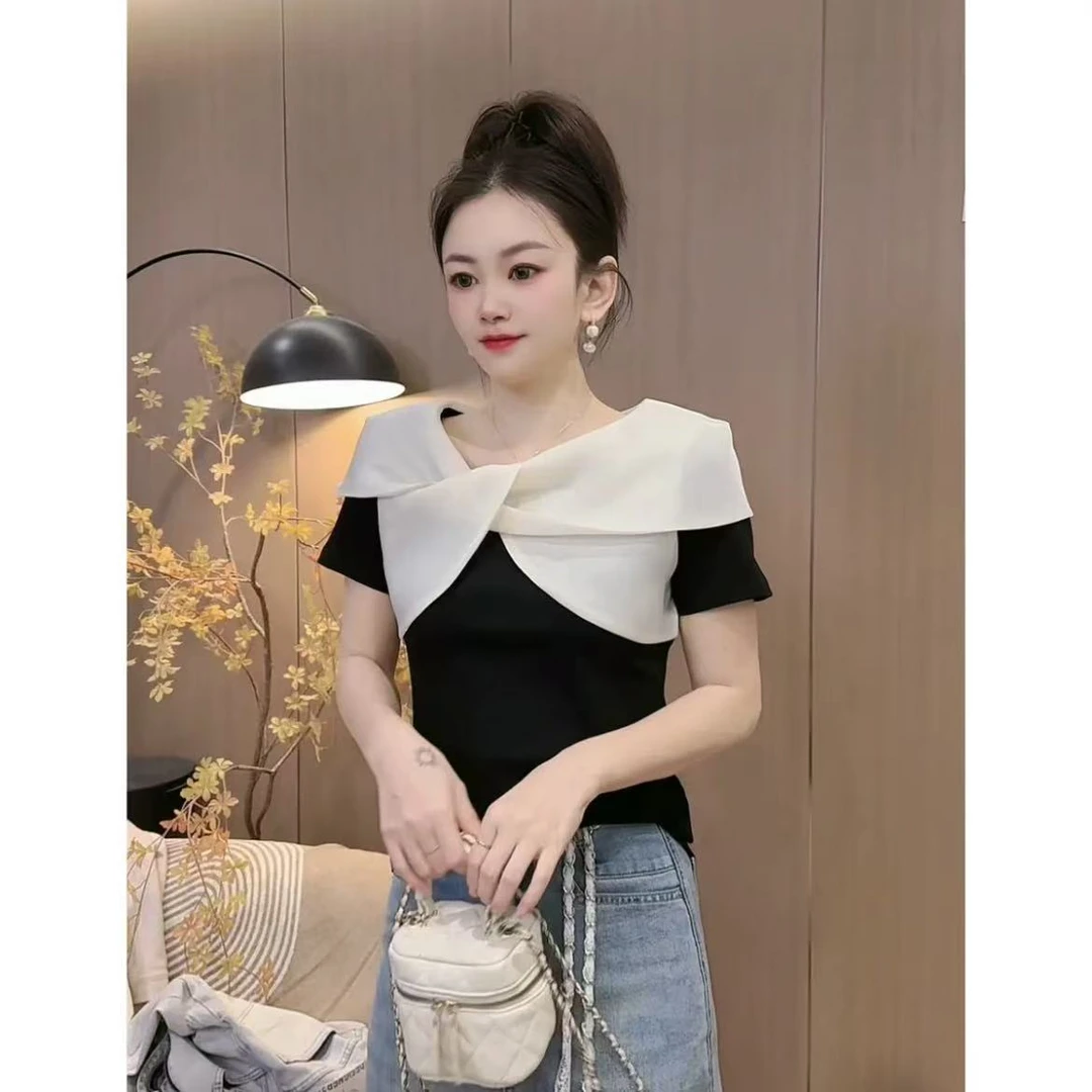 【77081】新品时尚洋气交叉领短袖T恤短款上衣