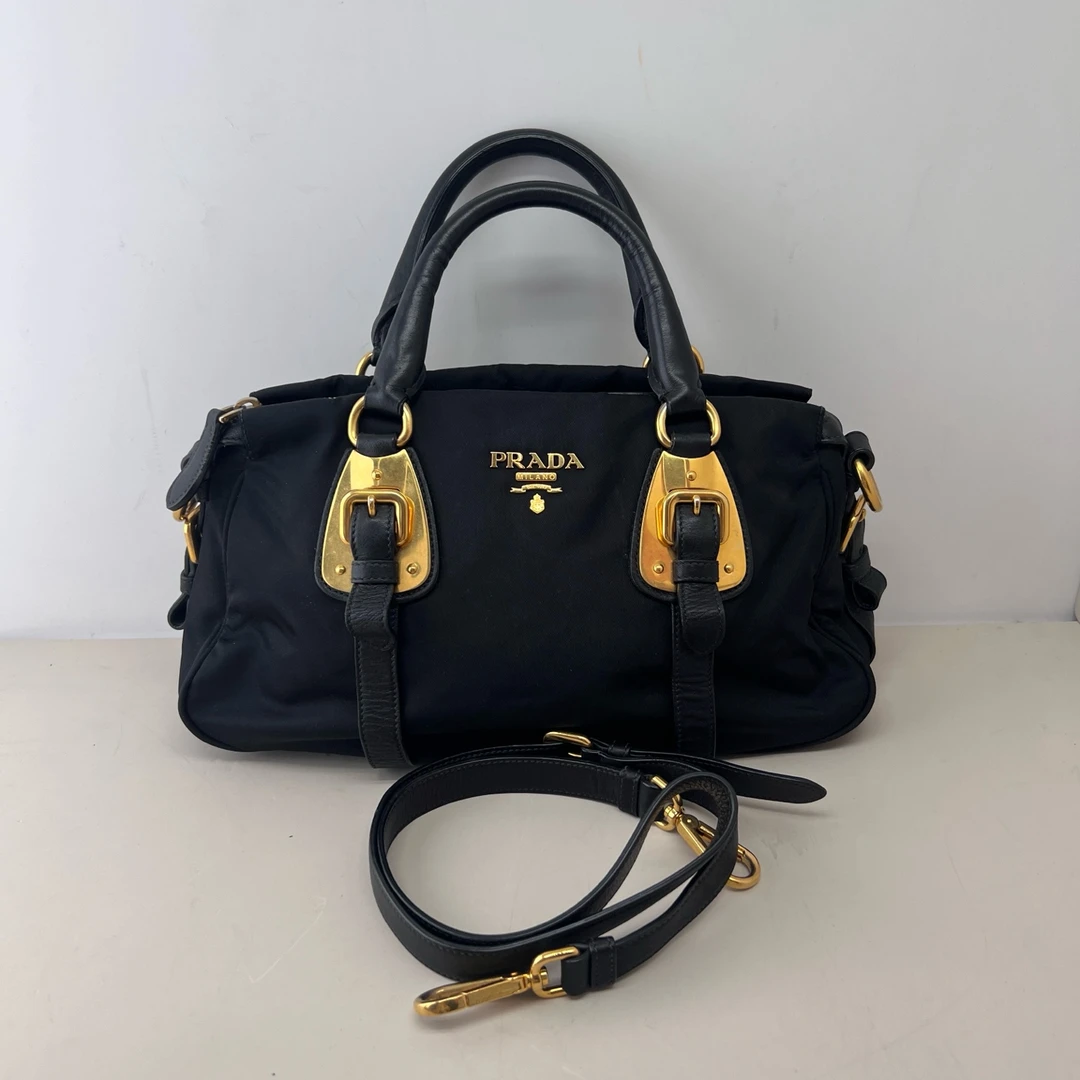 99新 Prada/普拉达 女士时尚黑金尼龙降落伞手提单肩斜挎二奢包包