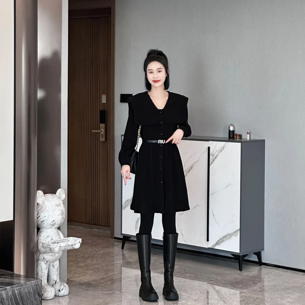 年终大促 秋冬时尚法式气质洋气大翻领中长款连衣裙JL639