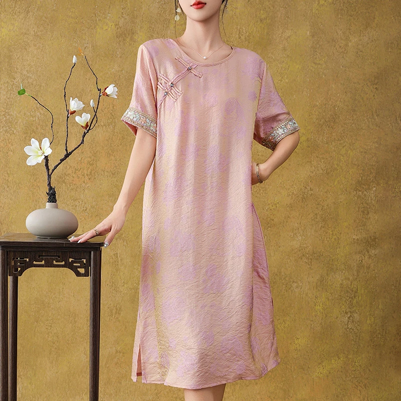新中式圆领单排扣缎面印花吊带大码夏季连衣裙汉服民族风提花旗袍