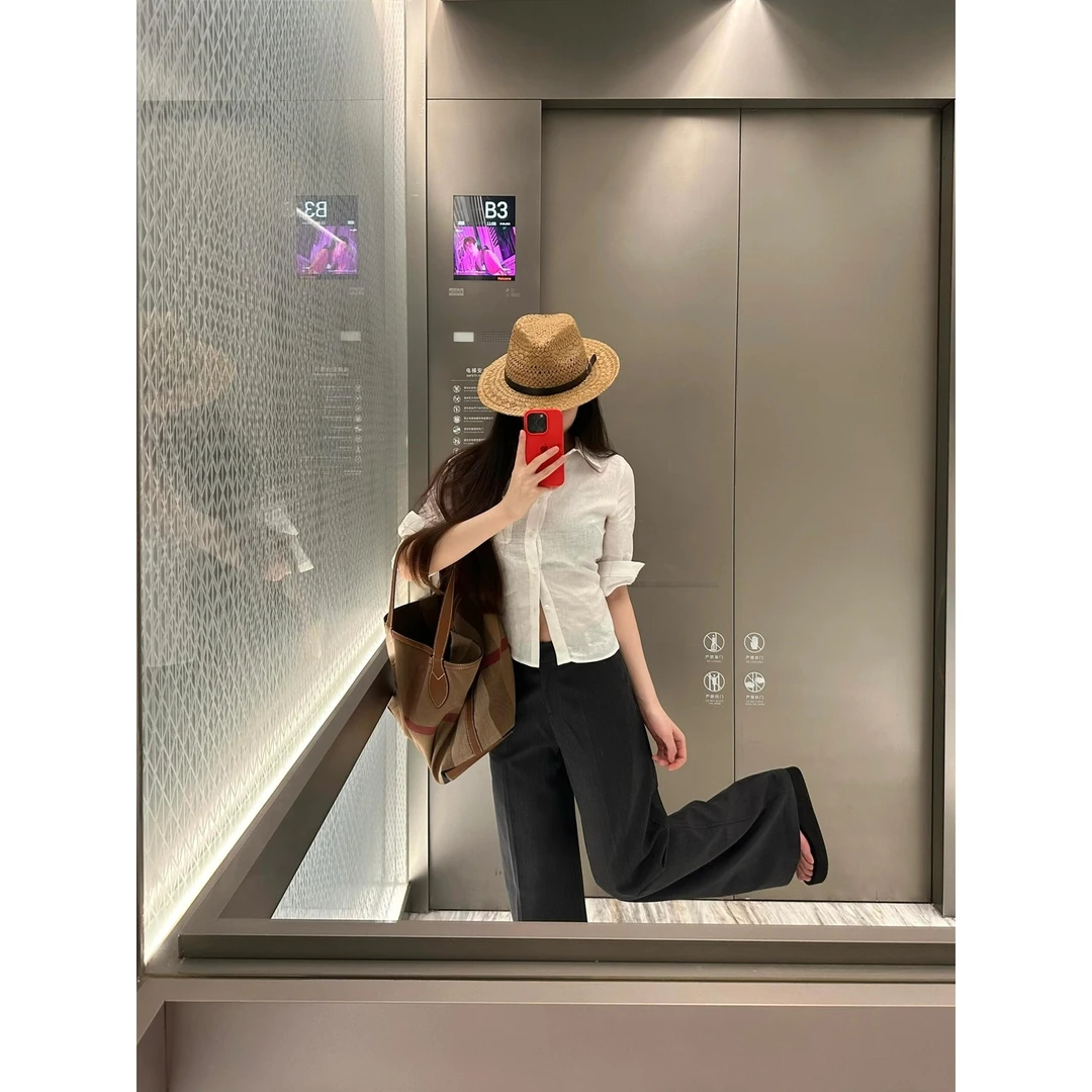 韩系小众中袖衬衫女夏季新款褶皱感衬衣收腰修身显瘦气质通勤上衣