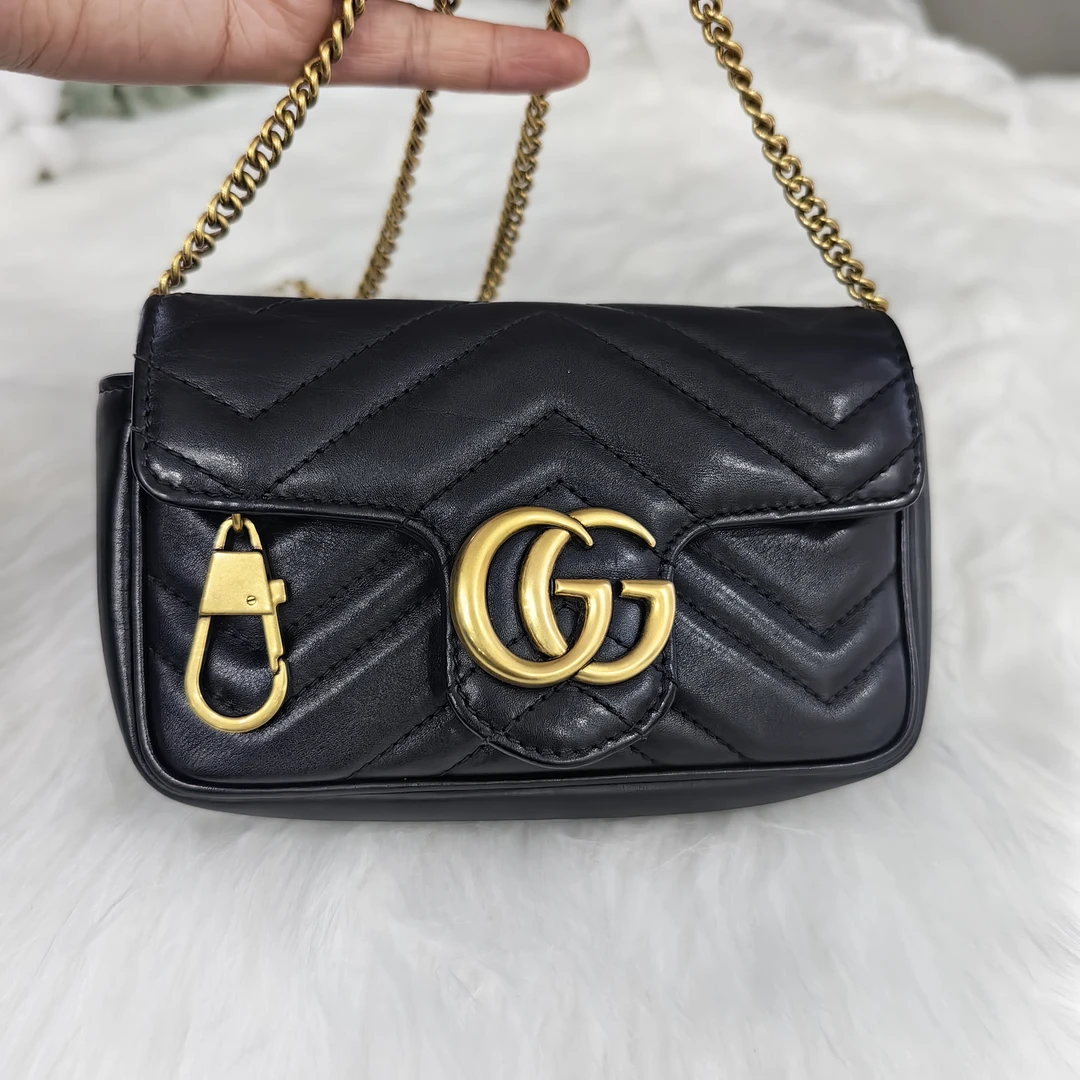 95新 GUCCI/古驰 马蒙迷你黑色mini单肩斜挎包链条包小废包