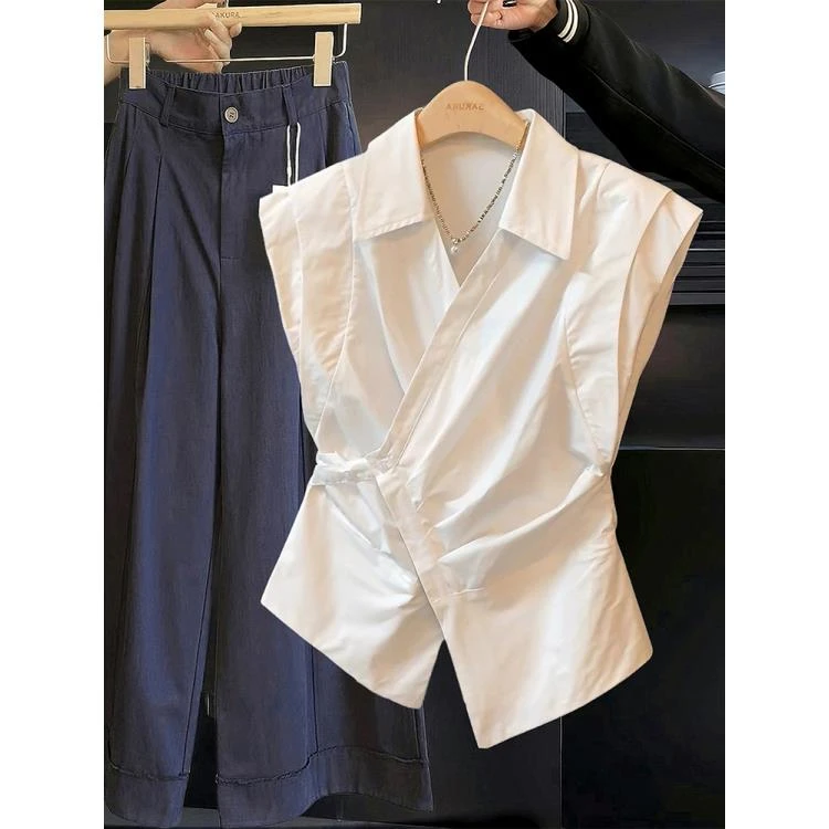 法式Polo领无袖衬衫女2025夏季新款百搭设计感绑带收腰小飞袖上衣
