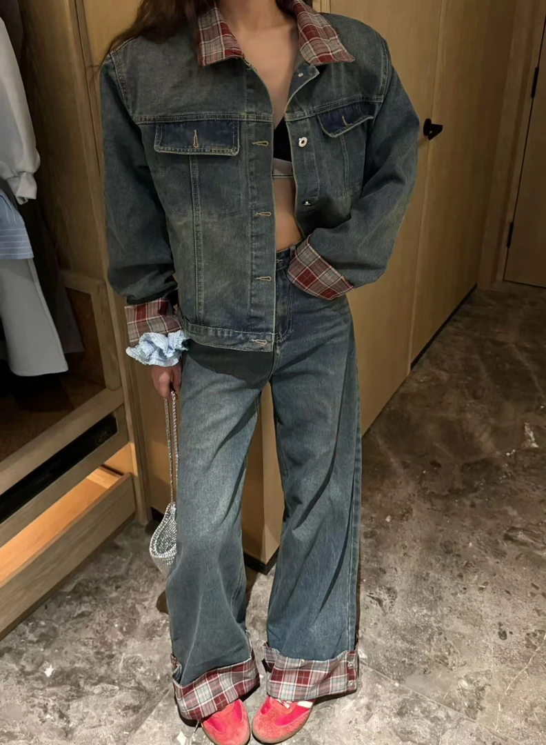 周日见 格纹翻领复古蓝色牛仔外套宽松