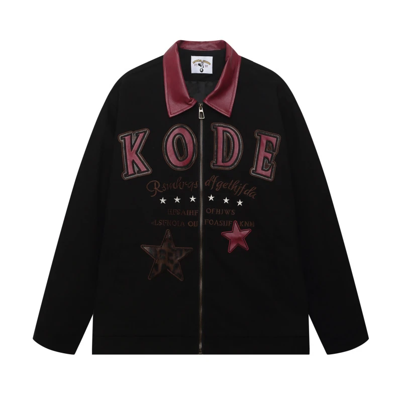 美式复古潮流个性宽松刺绣贴布皮领夹克外套时尚街头中性风外衣秋