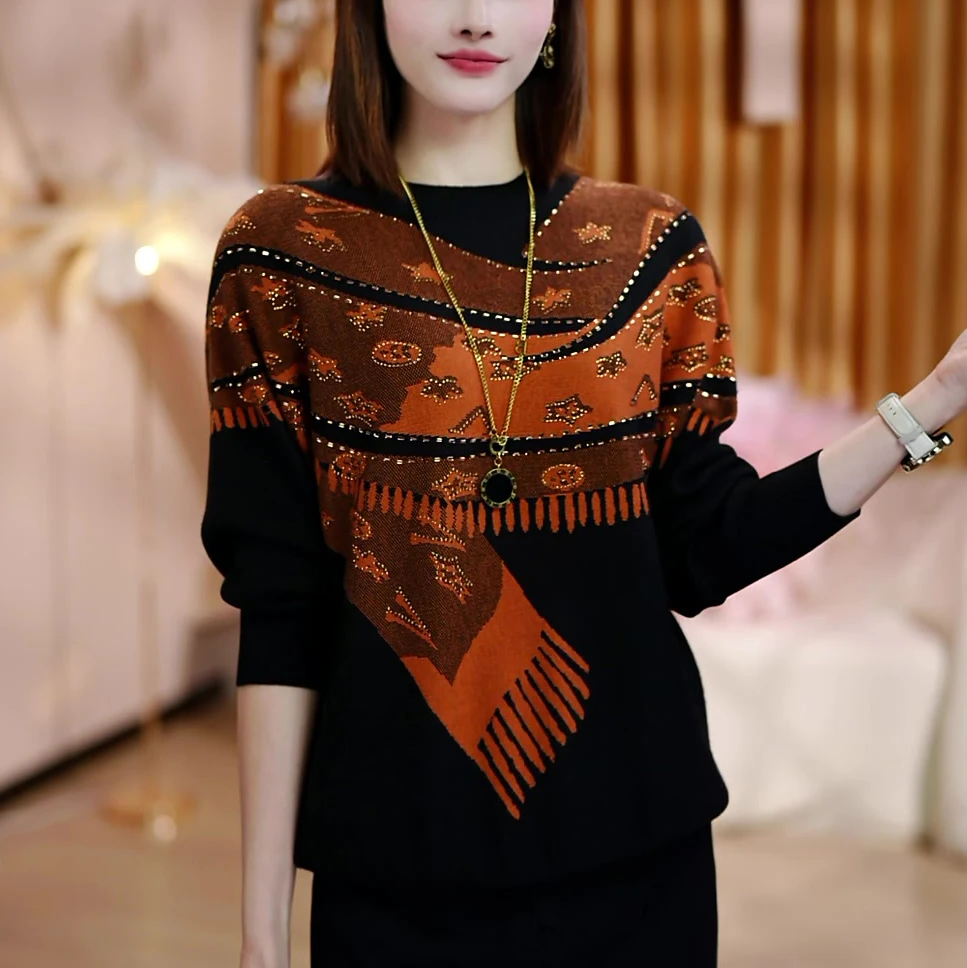 秋冬小众设计假两件百搭宽松显瘦时尚长袖套头圆领针织衫羊毛衫女