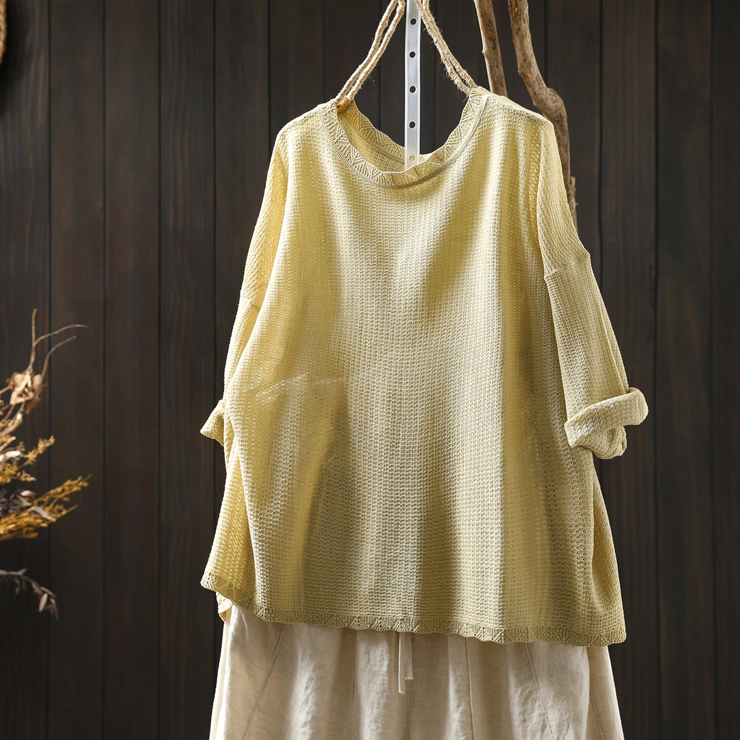天丝亚麻针织衫女2025新款夏薄款宽松大码休闲气质七分袖套头t恤