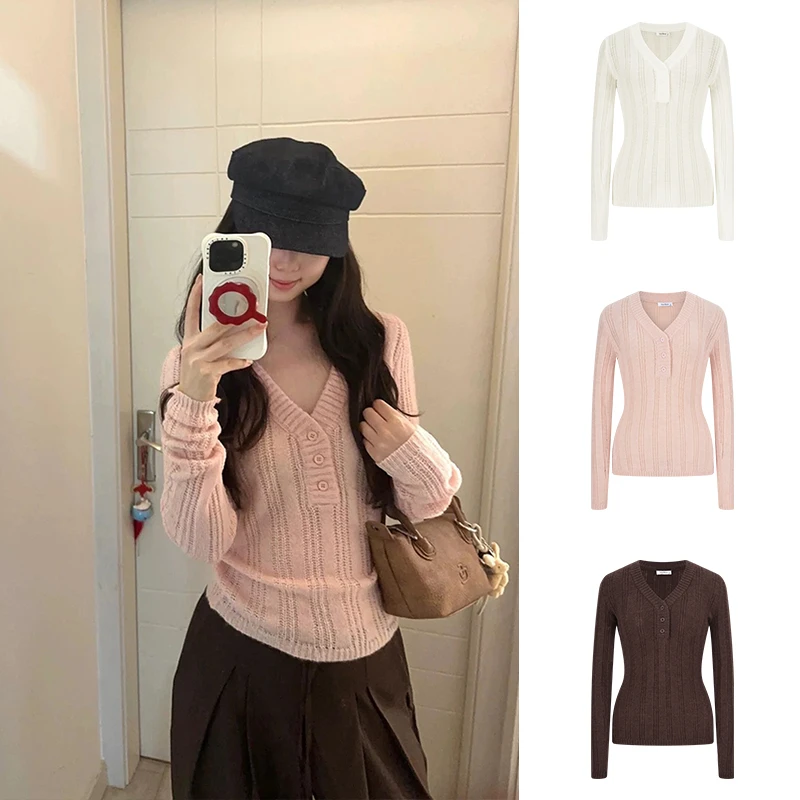 Moses Queen/魔西女王镂空V领毛针织衫甜美藕粉修身温柔长袖毛衣