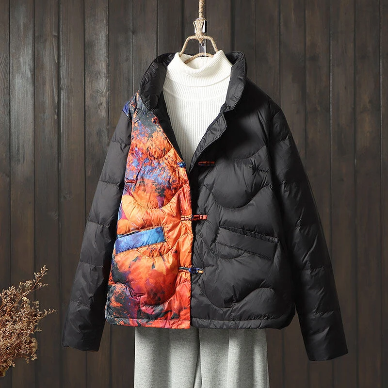 文艺复古轻薄羽绒服女短款2023中国风印花拼色盘扣白鸭绒冬季外套