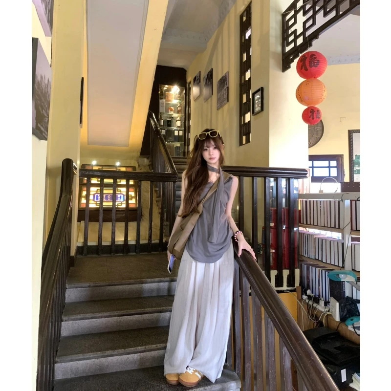 2025夏季新款慵懒感无袖背心上衣送飘带搭配宽松垂感阔腿裤两件套