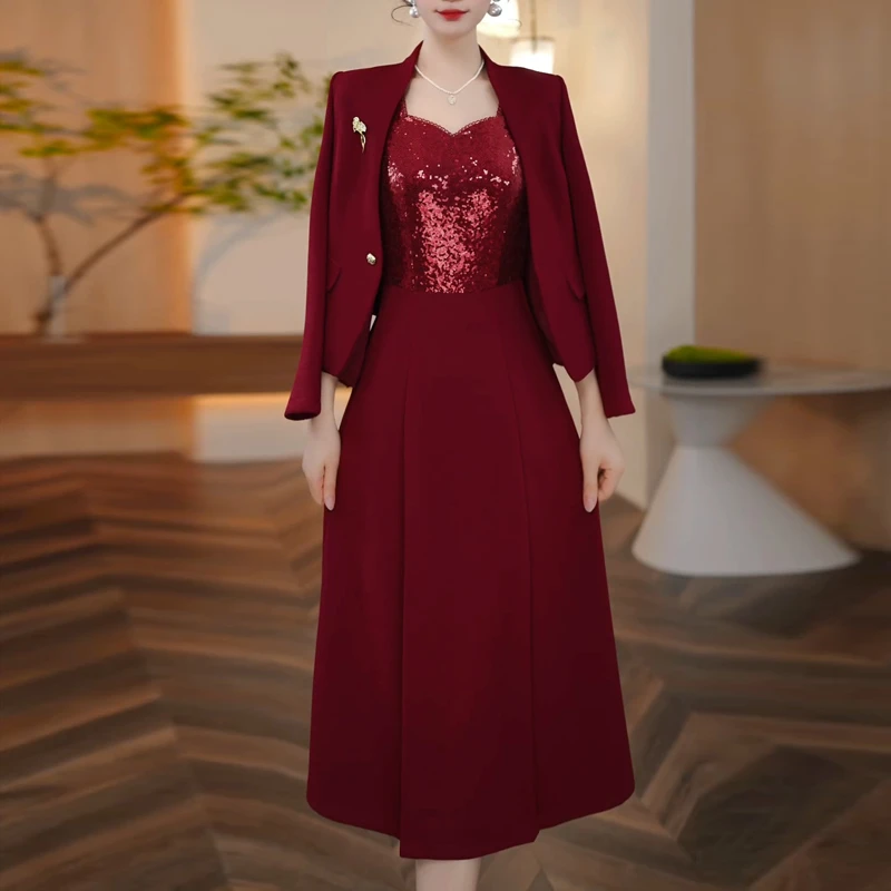 高端时尚喜婆婆婚宴套装女2025秋季新款洋气减龄显瘦连衣裙两件套