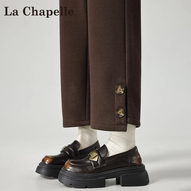 拉夏贝尔咖色毛呢烟管西装裤女冬季加绒加厚高腰显瘦九分直筒裤子