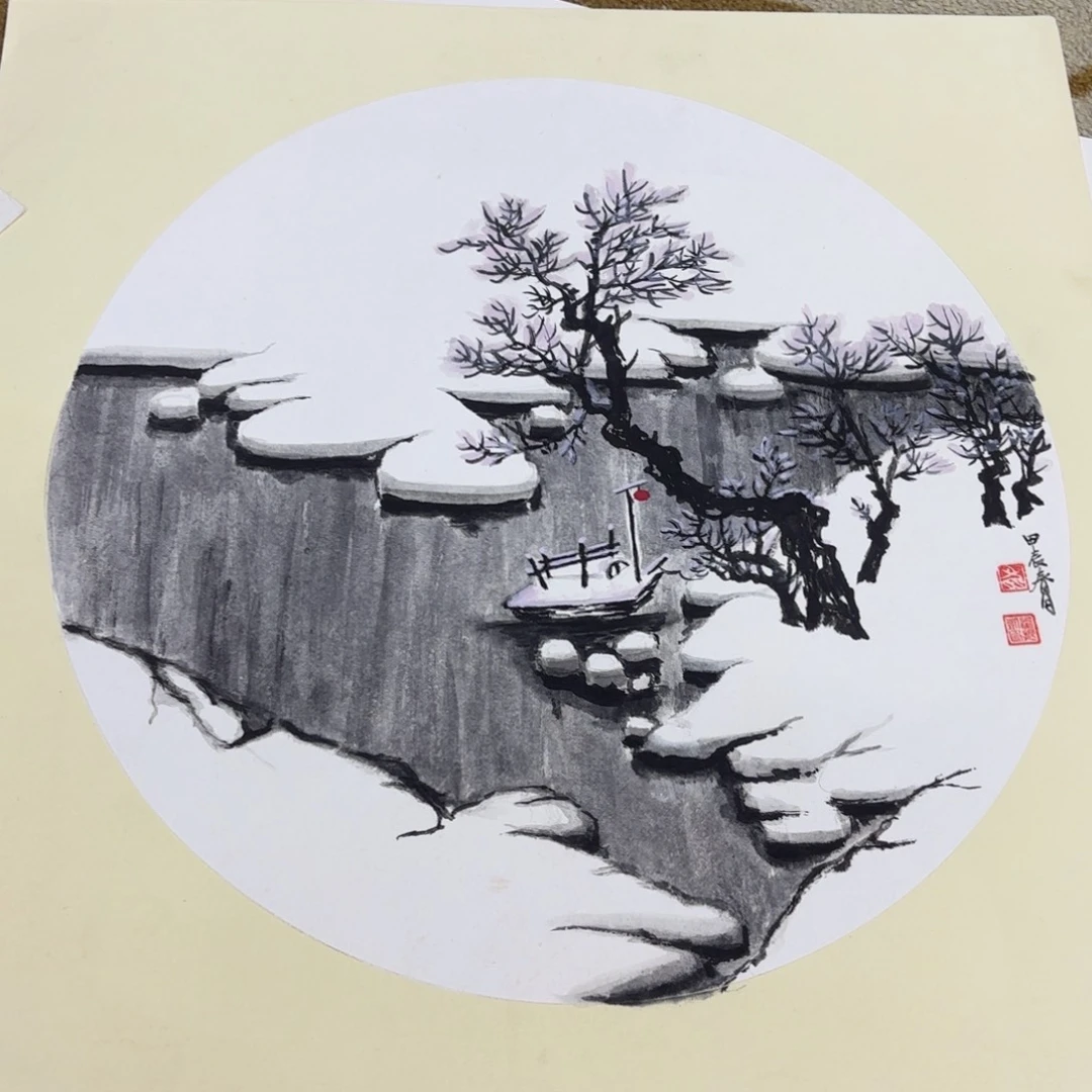 国画斗方手绘山水