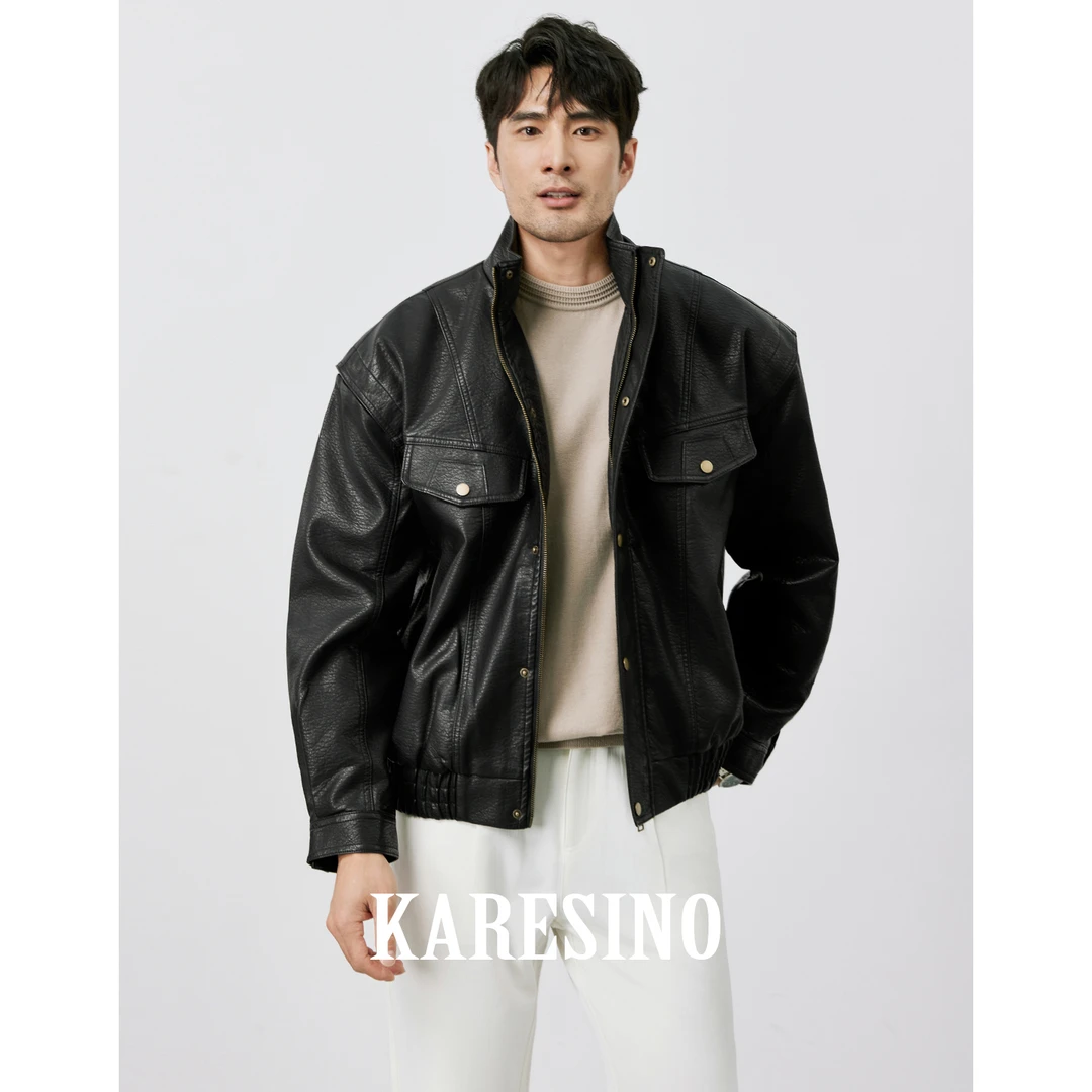 KARESINO美式立领休闲机车皮衣男外套短款秋冬男士黑色痞帅皮夹克
