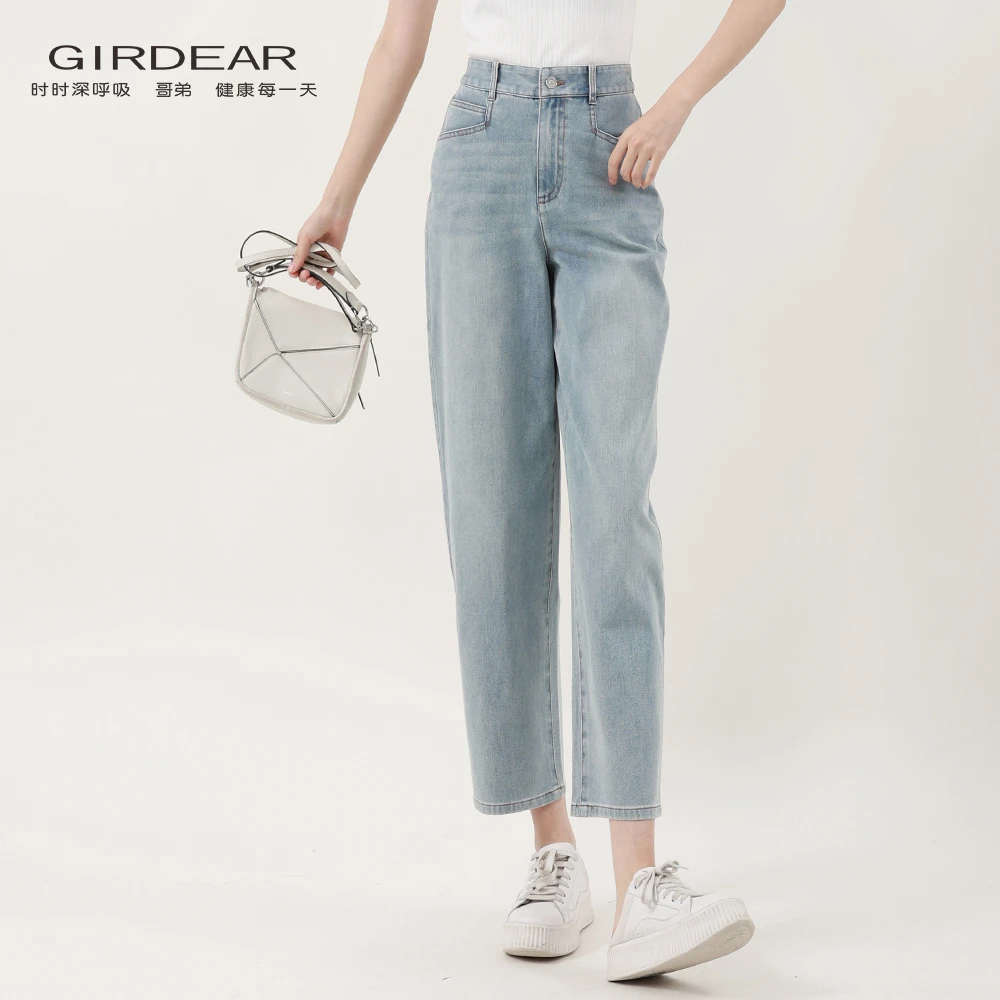 哥弟 日系经典浅蓝色水洗牛仔裤复古百搭高腰宽松九分裤女110006