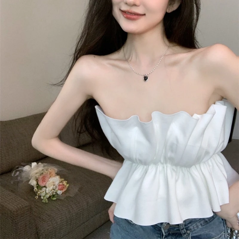 2024夏季新款辣妹设计感抹胸立体荷叶边裹胸纯欲风内搭上衣可外穿