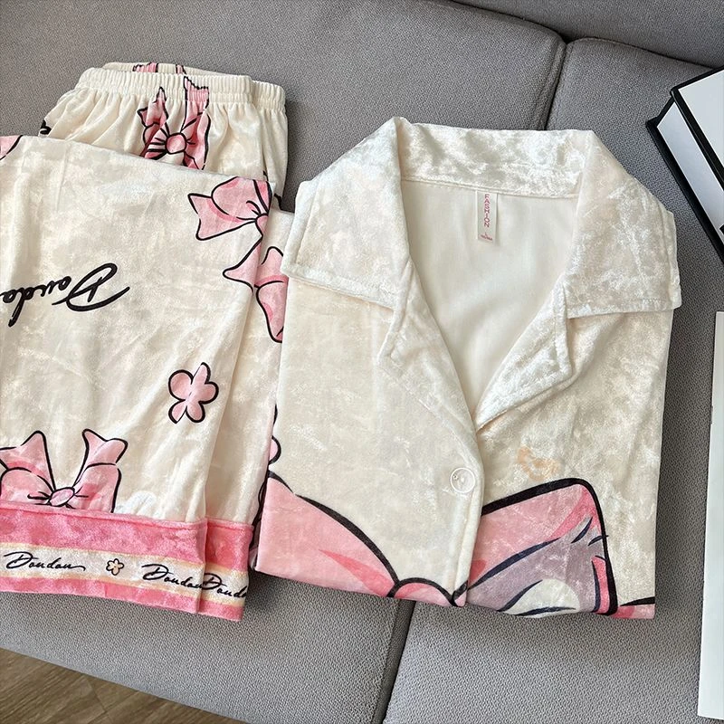 金丝绒睡衣女轻奢春秋季保暖Qt卡通印花甜美休闲家居服套装可外穿