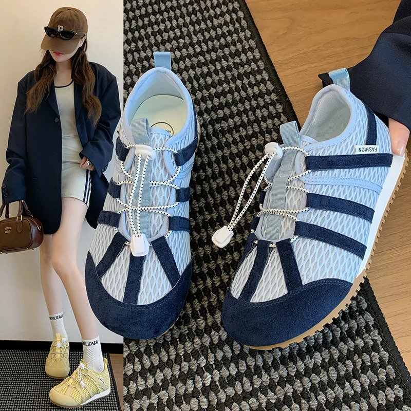 爆款网面透气德训鞋女2025夏季新款百搭运动厚底轻便小众休闲板鞋